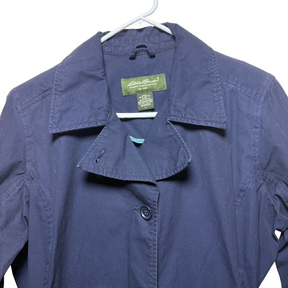 Eddie Bauer Womens Lightweight Trench Coat Jacket Button Belted Navy Blue Large - Picture 3 of 5